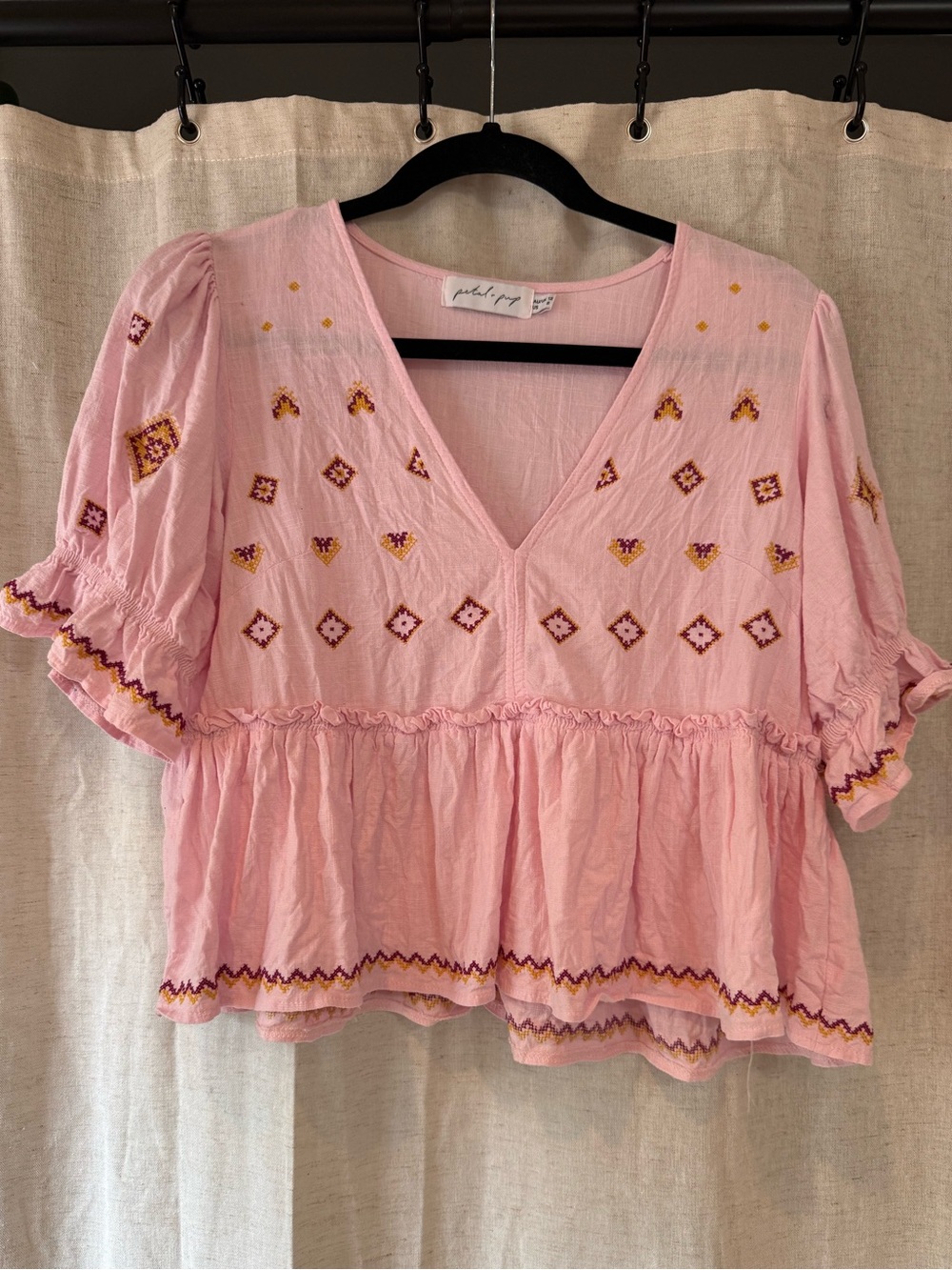 Petal & Pup Pink V-Neck Embroidered Peplum Blouse